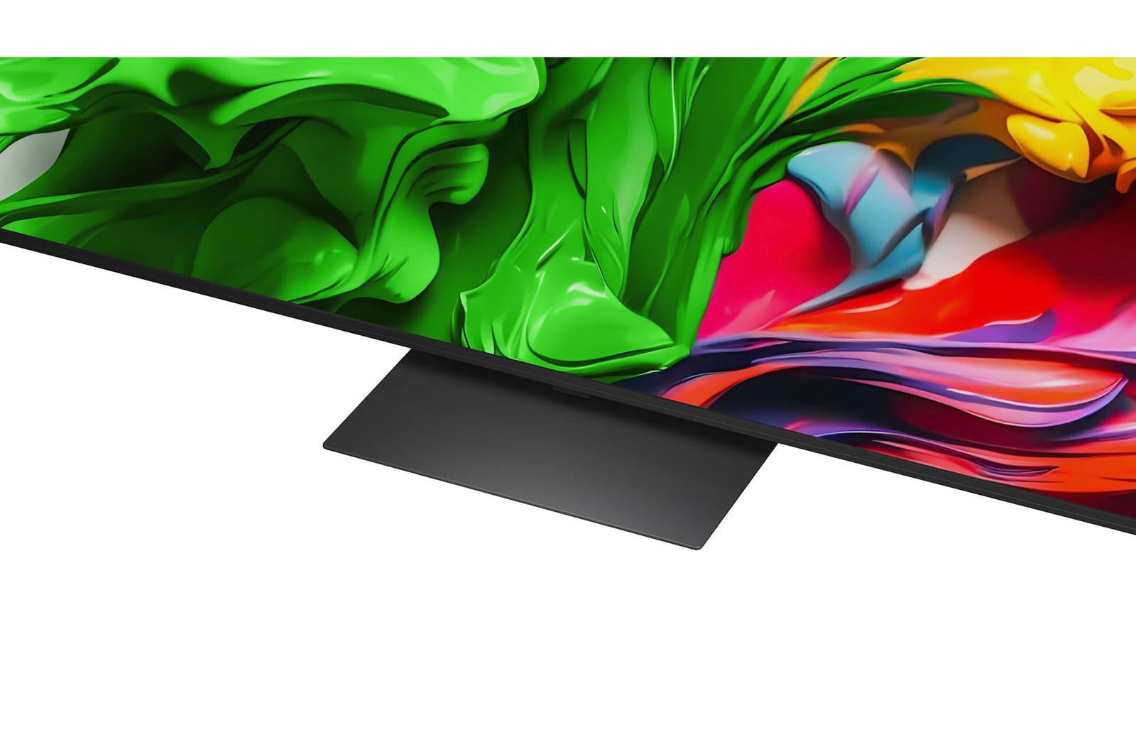 A girl and a dog are seated in front of a LG QNED TV mounted on a wall depicting three elephants walking outwards above a LG Soundbar. The title talks about how every action is more thrilling on a massive screen.