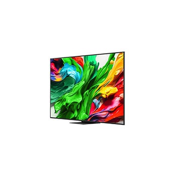 Front view and side view of LG QNED evo AI QNED85 4K Smart TV showing its length, width, height, and depth dimensions.
