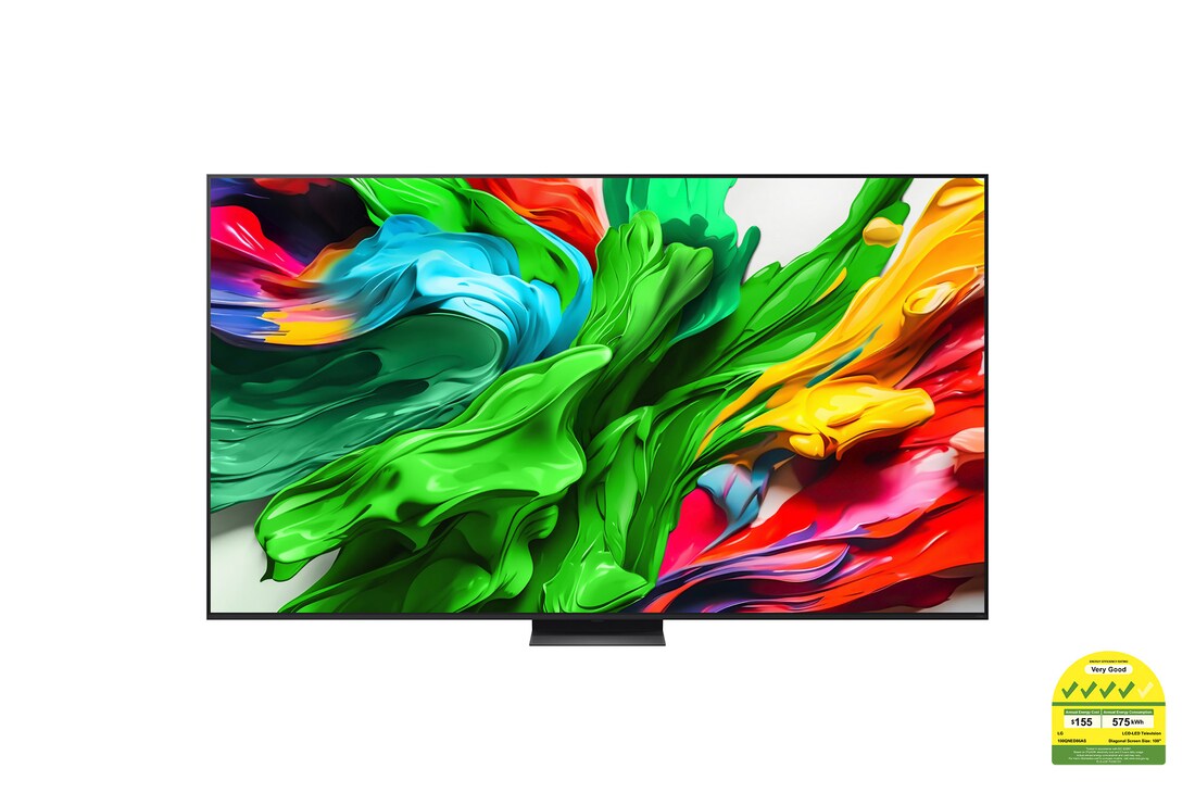 Front view of LG QNED evo TV, LG QNED evo Al Logo on the top corner. LG QNED evo TV depicts colorful paintike textures coming together.