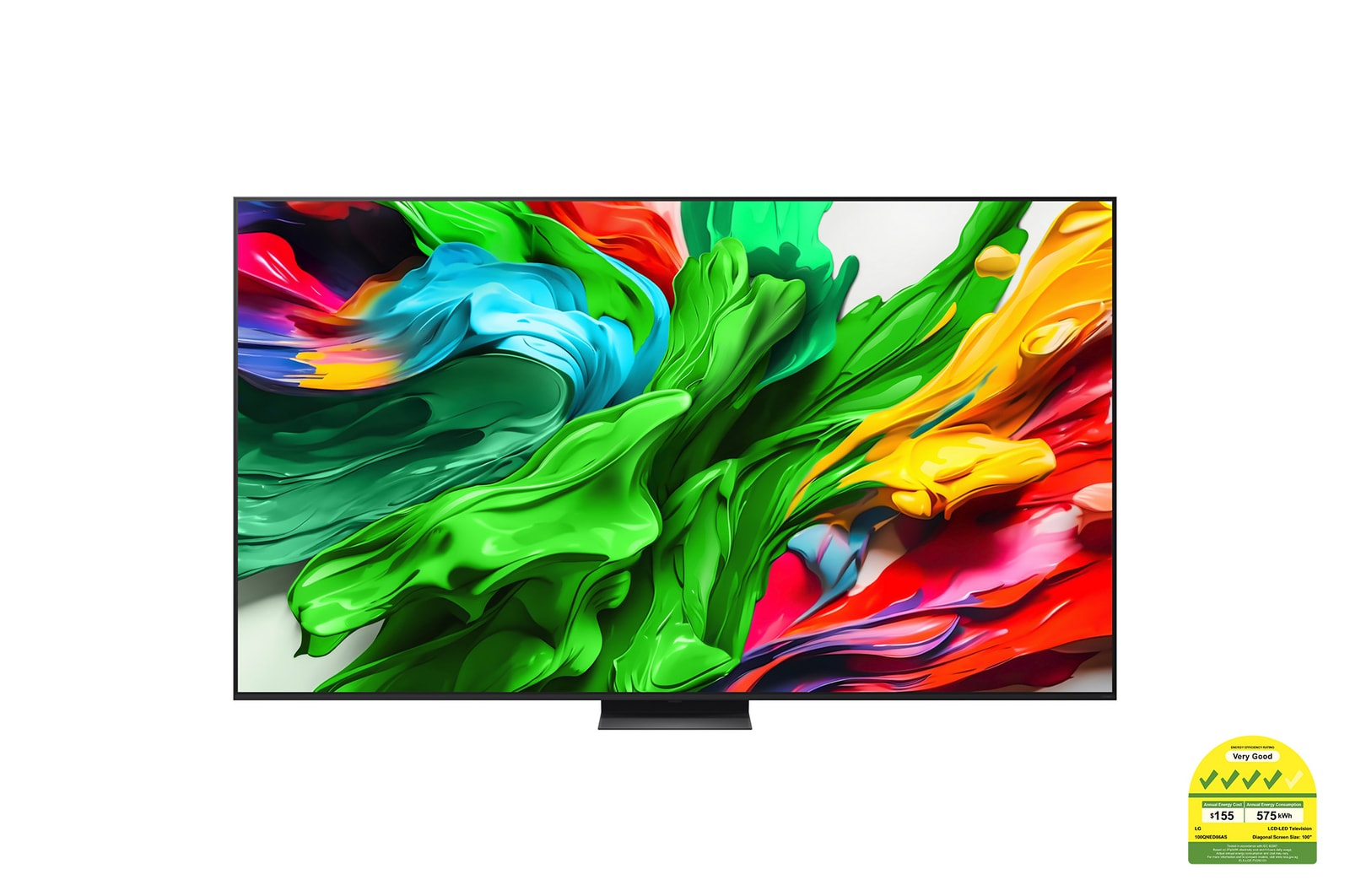 Front view of LG QNED evo TV, LG QNED evo Al Logo on the top corner. LG QNED evo TV depicts colorful paintike textures coming together.