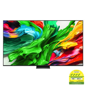 Front view of LG QNED evo TV, LG QNED evo Al Logo on the top corner. LG QNED evo TV depicts colorful paintike textures coming together.