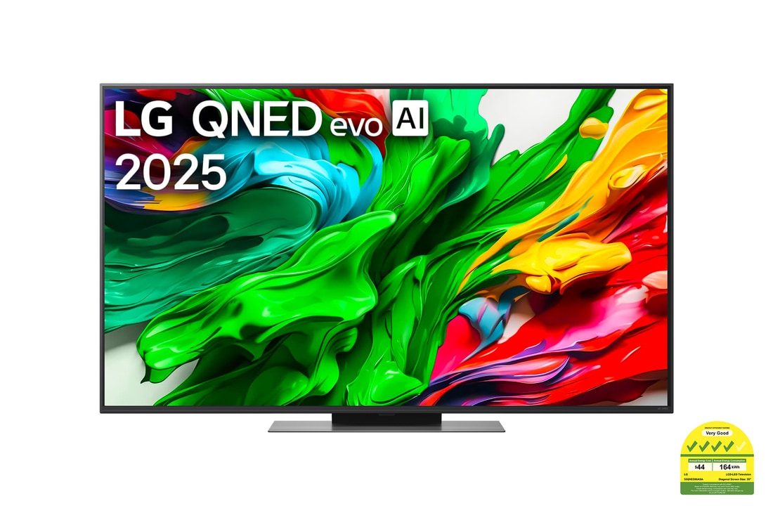 Front view of LG QNED evo QNED85 TV, LG QNED evo Al Logo on the top corner. LG QNED evo QNED85 TV depicts colorful paintike textures coming together.