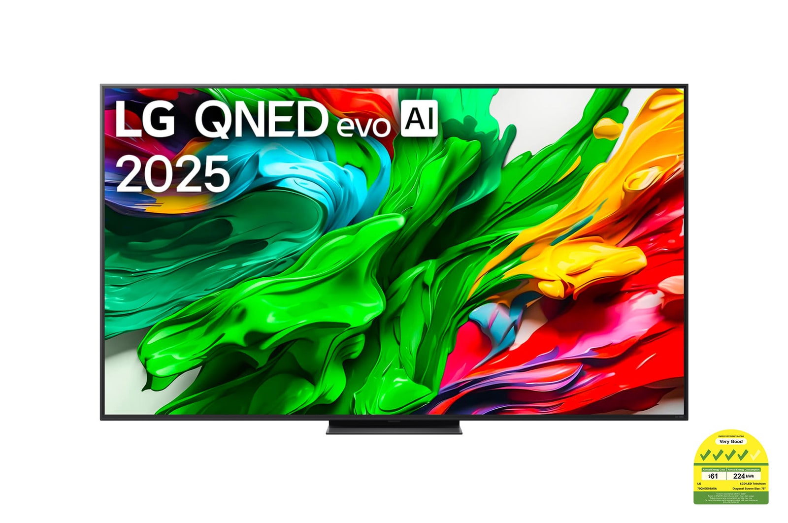 Front view of LG QNED evo QNED85 TV, LG QNED evo Al Logo on the top corner. LG QNED evo QNED85 TV depicts colorful paintike textures coming together.
