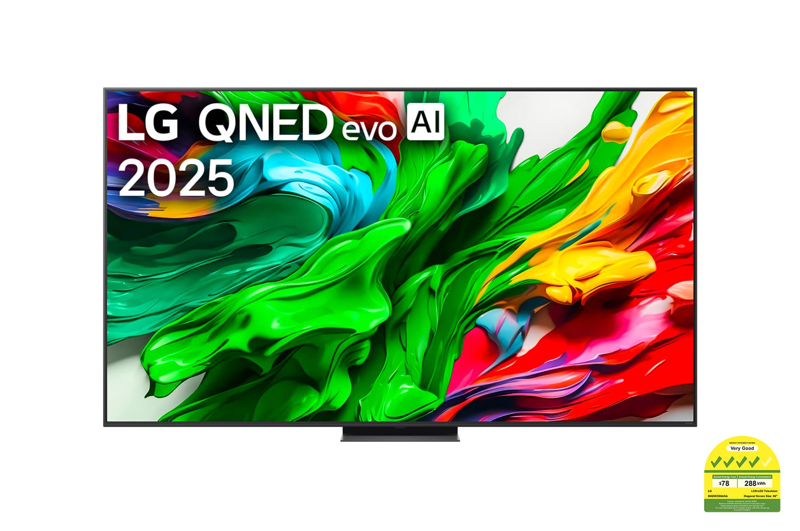 Front view of LG QNED evo QNED85 TV, LG QNED evo Al Logo on the top corner. LG QNED evo QNED85 TV depicts colorful paintike textures coming together.