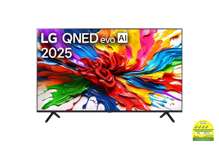 Front view of LG QNED evo QNED92 TV, LG QNED evo Al Logo on the top corner. LG QNED evo TV depicts colorful paintike textures coming together.