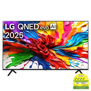 Front view of LG QNED evo QNED92 TV, LG QNED evo Al Logo on the top corner. LG QNED evo TV depicts colorful paintike textures coming together.