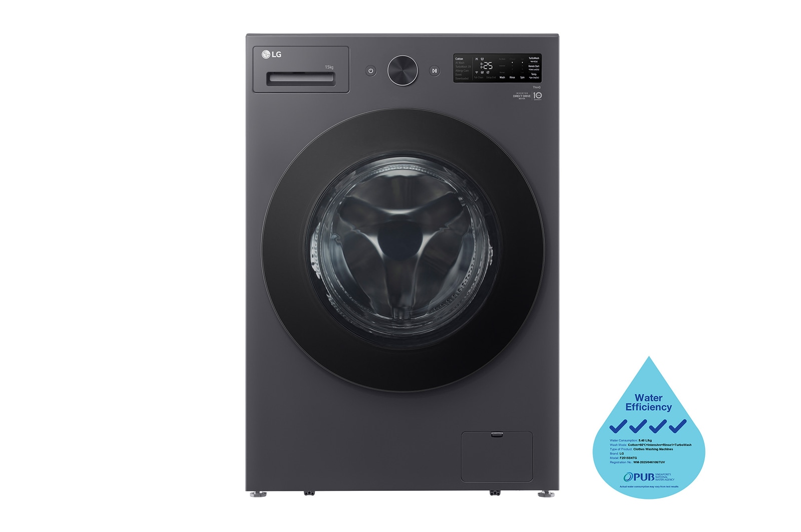 Front view of 15kg Slim Front Load Washer with AI Direct Drive™ and TurboWash™, F2515SNTGE