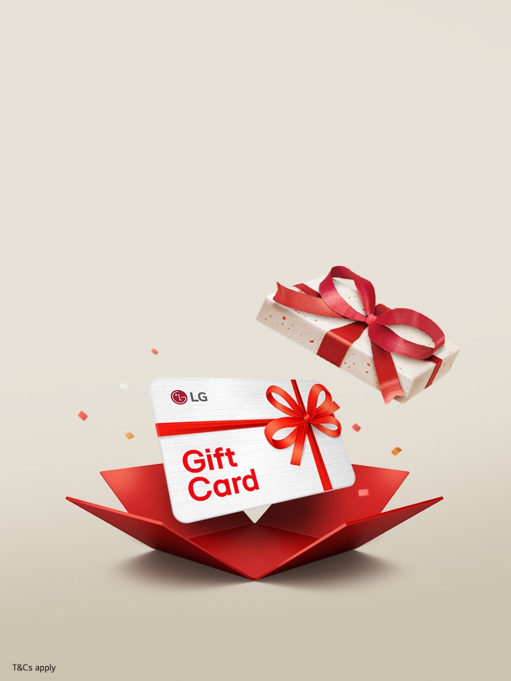 An LG Gift card with a red ribbon and a wrapped gift box floating above a red open box. Text at the bottom reads ‘LG members only. *T&Cs apply.