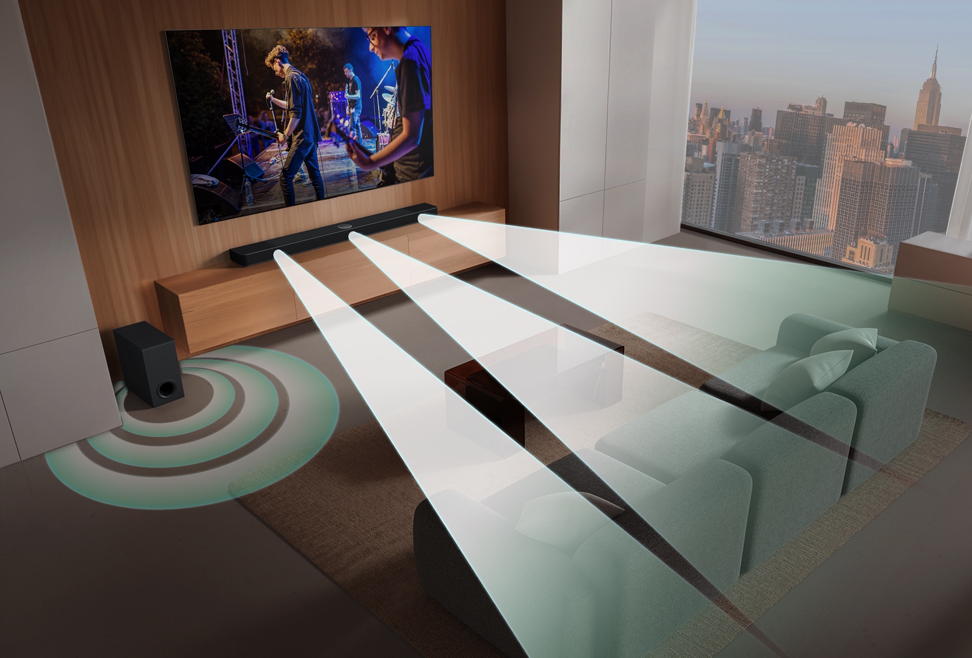 An image of an LG TV and LG Soundbar in a living room playing a musical performance. White soundwaves made up of droplets project from the soundbar, looping around the sofa and living space to depict surround sound. A city skyline is visible through the window.