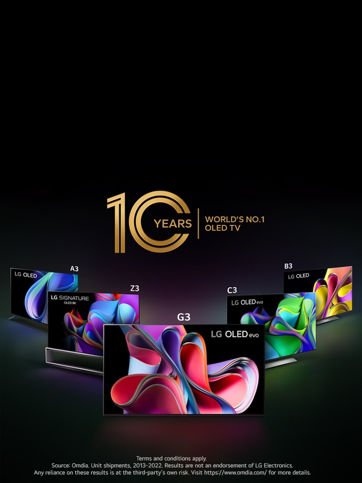 An image of the LG OLED lineup against a black backdrop standing in a triangle formation at angles with LG OLED G3 in the middle facing forward. Each TV shows a colorful and abstract artwork on screen. The "10 Years World's No.1 OLED TV" emblem is also in the image. 