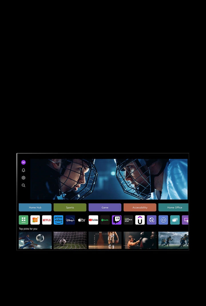 An LG TV screen shows the My Profile display. In the top third, a banner for Tangible Wonders. Below the banner, the following buttons are displayed: Home Hub, Sports, Game, Accessibility, Home Office. Below the buttons, the following logos are displayed: LG Channels, Netflix, Prime Video, Disney+, Apple TV, YouTube, Spotify, Twitch, GeForce Now, and Udemy. Below the logos, 5 movie thumbnails are displayed under the text "Top picks for you". A cursor clicks on the initial 'S' in the top left corner. An LG Account drop-down menu opens and five names are displayed. The cursor clicks the second name as thumbnails and recommended contents on screen change.