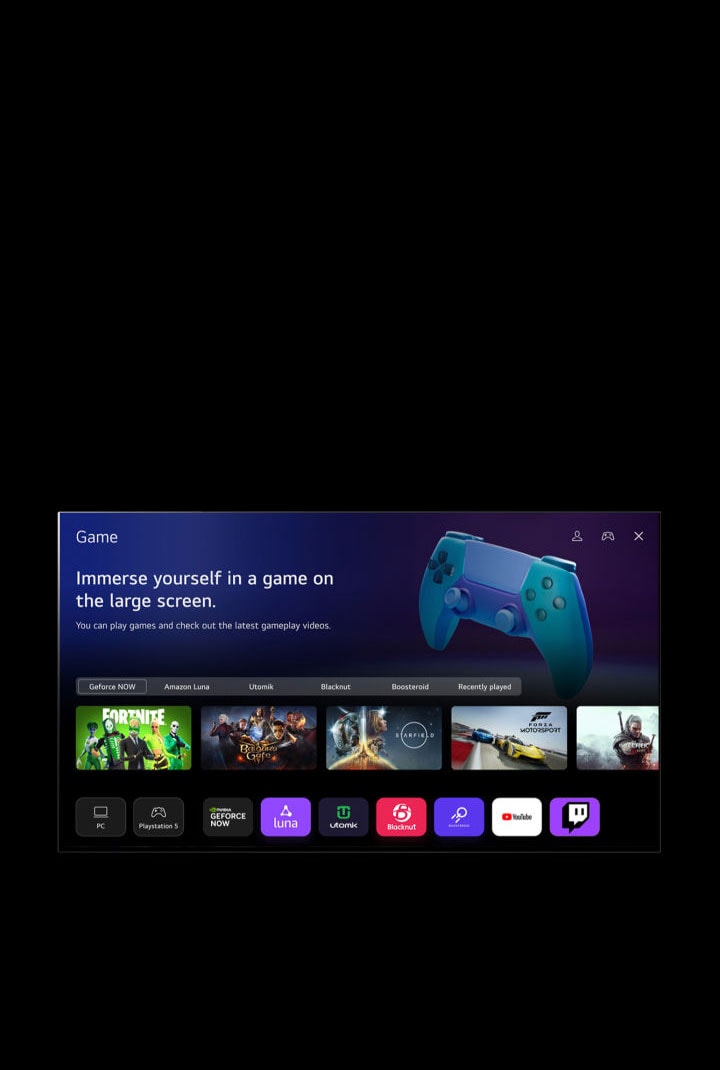 A cursor clicks on Sports and the screen fades into a Sports homepage with the text "Register your favorite team/player for more information about league standing, game schedules or any other updates," and "Popular league list." Five thumbnails are labeled as Soccer, Basketball, Baseball, Cricket, and Ice Hockey. The screen fades back, the cursor clicks on Game, and the screen fades into a Game homepage with the text "Immerse yourself in a game on the large screen. You can play games and check out the latest gameplay videos." The image shows buttons labeled Geforce NOW, Amazon Luna, Utomik, Blacknut, Boosteroid, and Recently played. The following logos are displayed: GeForce Now, Amazon Luna, Utomik, Blacknut, Boosteroid, YouTube, and Twitch.