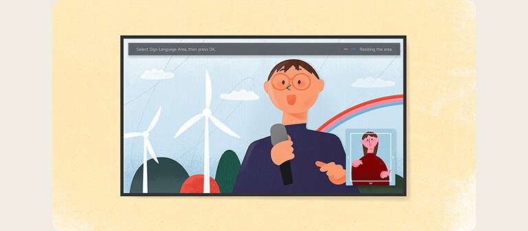An illustration of LG OLED showing a weather forecast broadcast featuring a sign language interpreter in a box with arrows depicting re-sizing. 