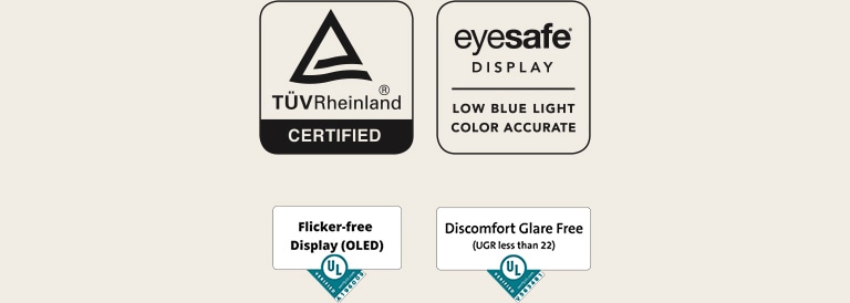 TUV Rheinland Eyesafe Display logo, Flicker-free Display logo, Discomfort GlareFree logo