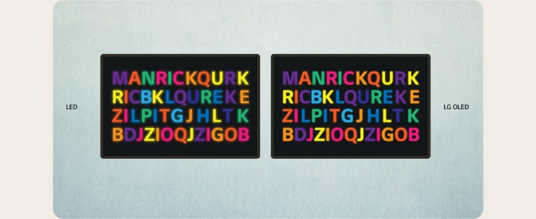 An illustration of an LED and LG OLED television side by side. Colorful letters are shown on the screen then arrange themselves to create blue text with the words "BLUE LIGHT." On the LED, the blue light glares, yet on OLED, it is muted.