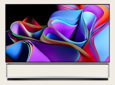 LG OLED Z3 with a Floor Standing showing a colorful abstract artwork. 