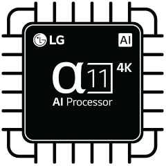 แบนเนอร์ส่งเสริมการขายสำหรับคุณลักษณะ LG AI TV AI Magic Remote แสดงทางด้านซ้าย ทางด้านขวาจะแสดงรูปภาพหลายรูป: ห้องนั่งเล่นพร้อมการปรับแต่ง AI ผู้หญิงอุ้มสุนัขที่เป็นตัวแทนของรูปภาพ AI นักร้องพร้อมหูฟังที่แสดงเสียง AI และอินเทอร์เฟซทีวีพร้อมแอปสตรีมมิ่งที่เน้นประสบการณ์ AI โปรเซสเซอร์ LG alpha 11 4K AI ถูกเน้นด้วยเอฟเฟกต์นีออนและลวดลายวงจรไฟฟ้า
