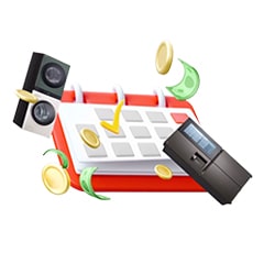 Monthly calendar, coins, and appliances symbolizing affordable subscription plans	