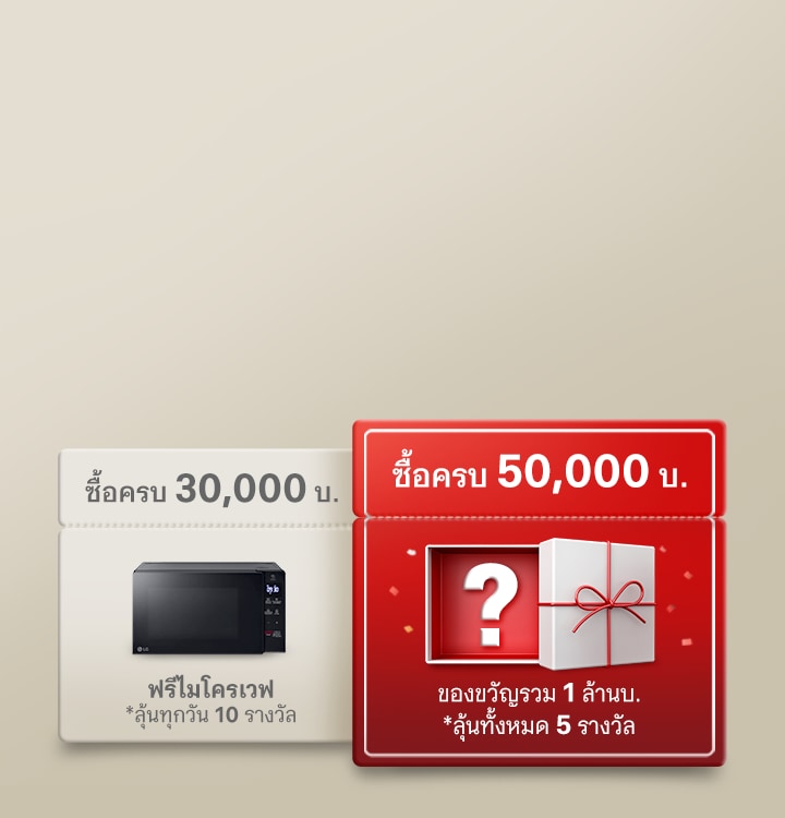 แบนเนอร์โปรโมชั่น LG Birthday แสดงของรางวัลสองระดับ กล่องซ้าย: ซื้อครบ 30,000 บาท รับไมโครเวฟฟรี จำกัด 10 รางวัลต่อวัน กล่องขวา (สีแดง): ซื้อครบ 50,000 บาท ลุ้นรับของรางวัลรวมมูลค่า 1 ล้านบาท ทั้งหมด 5 รางวัล