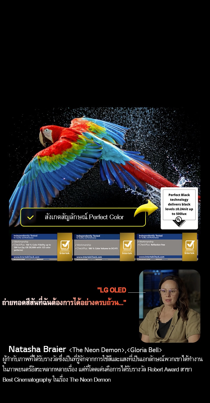 รูปนกแก้วสีสันสดใสในความละเอียดสูงพิเศษบนพื้นหลังสีดำ มีหยดน้ำลอยอยู่ในอากาศรอบๆ ตัว ภาพนี้แสดงให้เห็นถึง Perfect Color โดยทุกเฉดสีบนตัวนกแก้วนั้นดูสดใสและมีชีวิตชีวา พื้นหลังสีเข้มพร้อมหยดน้ำกระเซ็นที่มีรายละเอียด โดยยังเป็นการเน้นให้เห็นว่าหน้าจอนั้นปราศจากการสะท้อน มีโลโก้การรับรองต่างๆ จาก UL และ Intertek ปรากฏให้เห็น ซึ่งอ้างถึงความเที่ยงตรงของสี 100%, ปริมาณสี 100% และการอ้างว่าปราศจากการสะท้อน และมีข้อความปรากฏให้เห็นว่า “สังเกตสัญลักษณ์การรับรอง Perfect Color”