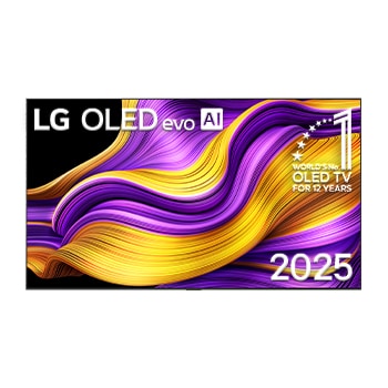มุมมองด้านหน้าของสมาร์ททีวี LG OLED evo AI G5 4K มีสัญลักษณ์ "อันดับ 1 OLED ของโลก 12 ปีซ้อน" และโลโก้ LG OLED evo AI 2025 ปรากฏบนหน้าจอ