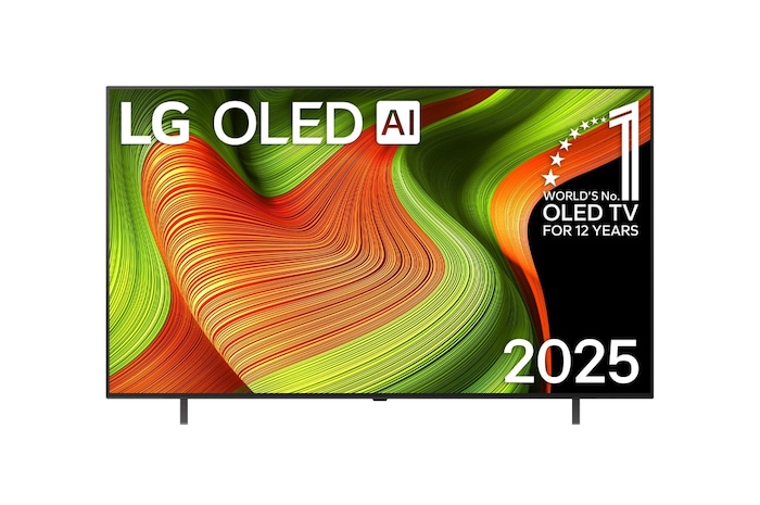 Front view of LG OLED evo AI G5 4K Smart TV. 12 Years of world number 1 OLED emblem and LG OLED evo AI 2025 logo are on the screen.
