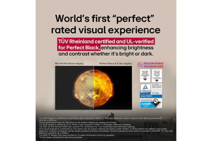 LG OLED TV แสดงภาพเปรียบเทียบระหว่างจอแสดงผลที่มี Perfect Color และ Perfect Black กับจอทั่วไปที่ไม่มีคุณลักษณะดังกล่าว แสดงการรับรองจาก UL, TUV และ Eyesafe อย่างชัดเจน พร้อมข้อความแนะนำให้ตรวจสอบตรารับรอง