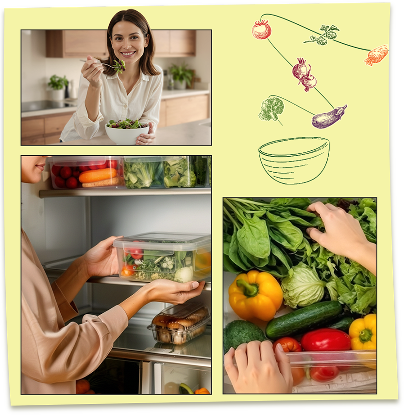 ภาพคอลลาจที่แสดงการเตรียมอาหารสดและผักที่จัดอย่างเป็นระเบียบภายในตู้เย็น LG