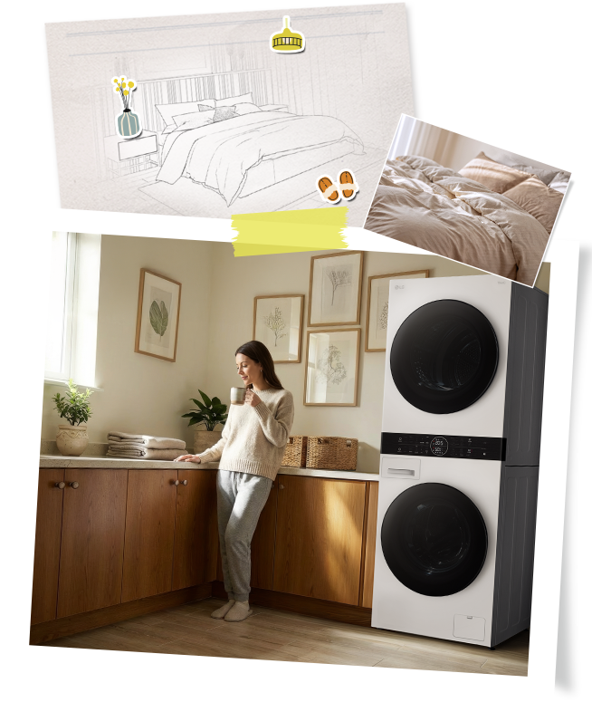ผู้หญิงกำลังดูแลเครื่องนอนด้วยเครื่องซักผ้า LG เป็นส่วนหนึ่งของรูทีนวันหยุดสุดสัปดาห์ที่แสนสงบ