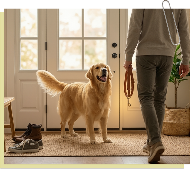 โกลเด้นรีทรีฟเวอร์ยืนรออยู่หน้าประตู ขณะที่เจ้าของถือสายจูง อยู่ในโถงทางเข้าบ้านบรรยากาศอบอุ่น	