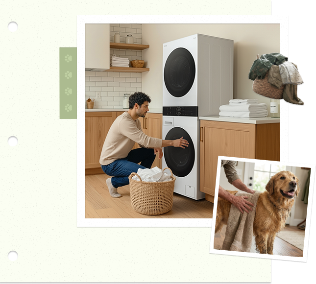 ผู้ชายกำลังใส่ผ้าลงในเครื่องซักผ้า ขณะที่โกลเด้นรีทรีฟเวอร์ยืนอยู่ใกล้ๆ ภายในบ้านบรรยากาศอบอุ่น	