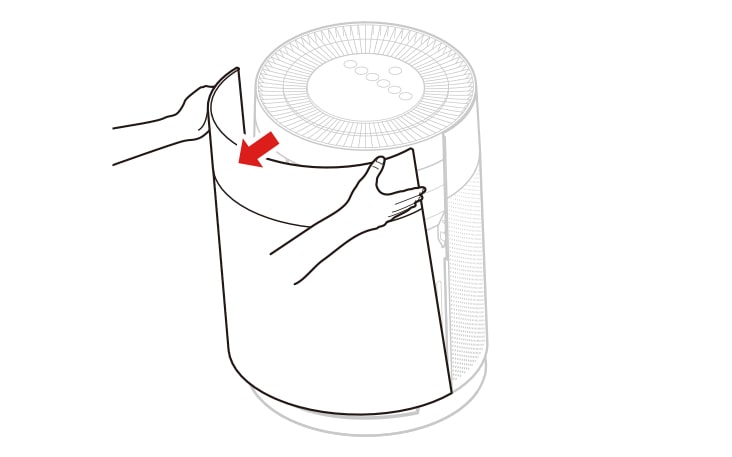 จับด้านบนสุดของฝาครอบด้านหน้าเครื่องฝั่งที่มีโลโก้ LG ไว้ แล้วดึงออกมาเล็กน้อยเพื่อให้แยกออกจากเครื่อง