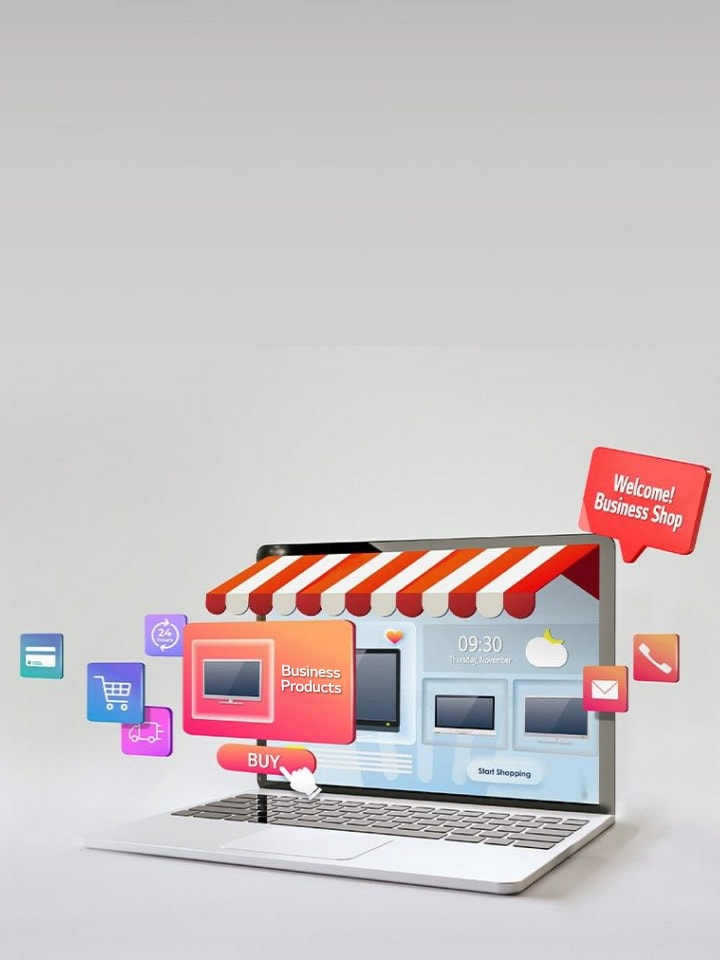A screen with emoticons showing the features of the LG Online Business Shop, where purchases can be made 24 hours a day on LG Gram laptops and can be purchased immediately.