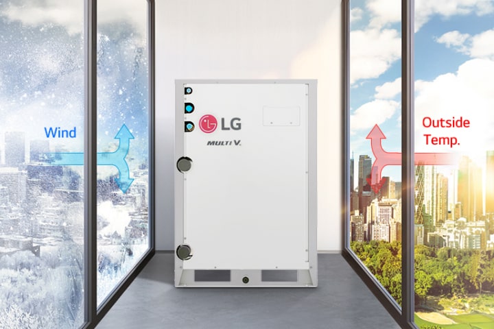 LG MULTI V WATER ที่ตั้งอยู่ระหว่างเมืองที่เต็มไปด้วยหิมะที่มีป้ายชื่อว่า “ลม” และเมืองที่เต็มไปด้วยแสงแดดที่มีป้ายชื่อว่า “อุณหภูมิภายนอก” เน้นย้ำถึงความสามารถในการควบคุมอุณหภูมิภายในอาคารในสภาพแวดล้อมที่หลากหลาย