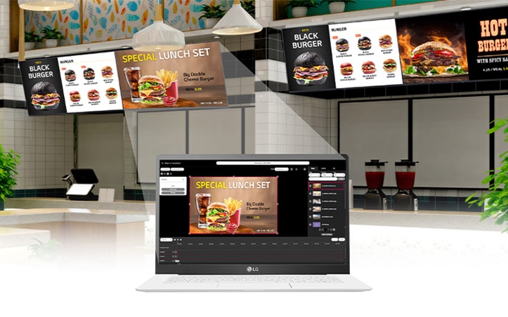 LG SuperSign QSR ถูกใช้เพื่อสร้างและแจกจ่ายเนื้อหาสำหรับเมนูบอร์ดของร้านอาหารฟาสต์ฟู้ดผ่านพีซี