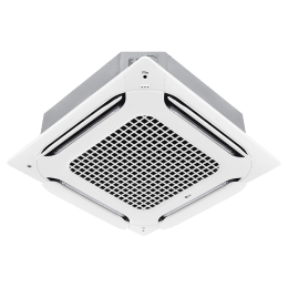 คาสเซ็ตแบบติดเพดานมีใบพัดคู่(Dual Vane)แบบเปิด 4 ทิศทางและส่วนทางเข้าอยู่ตรงกลาง และยังมีตู้สีเทาเพื่อเชื่อมต่อกับเพดานด้านบน