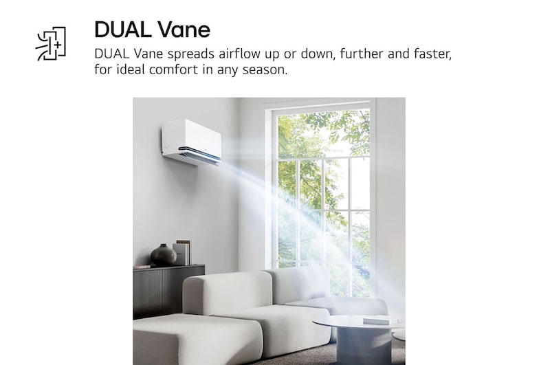 เครื่องปรับอากาศ LG Dual Vane แสดงอยู่ในห้องนั่งเล่น ลมเย็นไหลขึ้นด้านบนทางด้านซ้าย ข้อความประกอบระบุว่า: 'DUAL Vane กระจายลมขึ้นหรือลง ไกลขึ้นและเร็วขึ้น เพื่อความสบายที่เหมาะสมในทุกฤดูกาล'