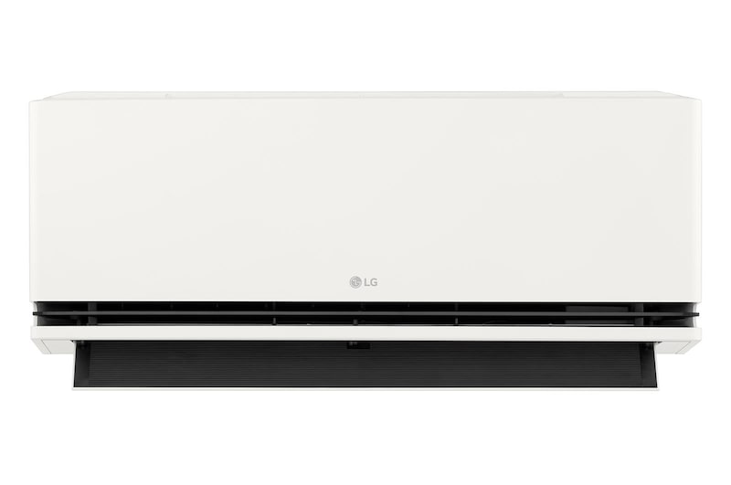 มุมมองด้านหน้าของเครื่องปรับอากาศ LG ที่มีใบพัดด้านล่างเปิดอยู่