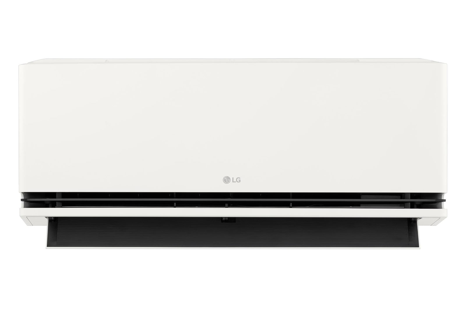 มุมมองด้านหน้าของเครื่องปรับอากาศ LG ที่มีใบพัดด้านล่างเปิดอยู่