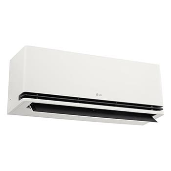 มุมมองด้านหน้าซ้ายมุมต่ำของเครื่องปรับอากาศ LG ai พร้อมใบพัดเปิดด้านล่าง