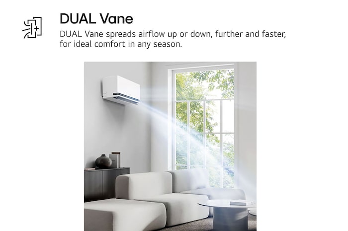เครื่องปรับอากาศ LG Dual Vane แสดงอยู่ในห้องนั่งเล่น ลมเย็นไหลขึ้นด้านบนทางด้านซ้าย ข้อความประกอบระบุว่า: 'DUAL Vane กระจายลมขึ้นหรือลง ไกลขึ้นและเร็วขึ้น เพื่อความสบายที่เหมาะสมในทุกฤดูกาล'