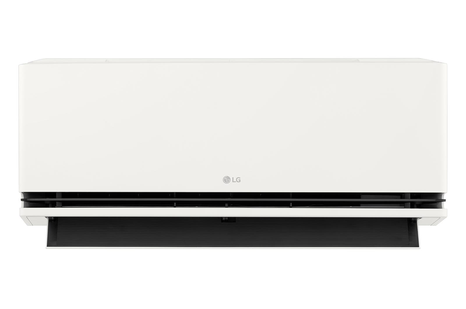 มุมมองด้านหน้าของเครื่องปรับอากาศ LG ที่มีใบพัดด้านล่างเปิดอยู่