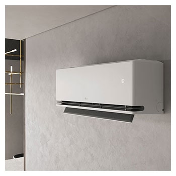 เครื่องปรับอากาศ LG ai พร้อมใบพัดเปิดแสดงอุณหภูมิ 18°C