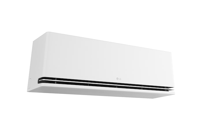 เครื่องปรับอากาศ LG Dual Vane แสดงอยู่ในห้องนั่งเล่น ลมเย็นไหลขึ้นด้านบนทางด้านซ้าย ข้อความประกอบระบุว่า: 'DUAL Vane กระจายลมขึ้นหรือลง ไกลขึ้นและเร็วขึ้น เพื่อความสบายที่เหมาะสมในทุกฤดูกาล'