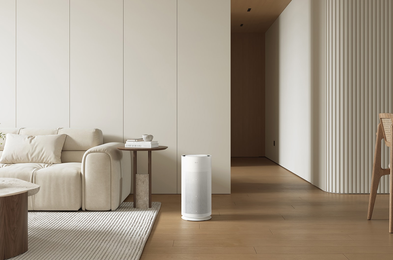 เครื่องฟอกอากาศ LG ถูกตั้งอยู่ในห้องนั่งเล่นสไตล์โมเดิร์น พร้อมด้วยเฟอร์นิเจอร์สไตล์มินิมอล
