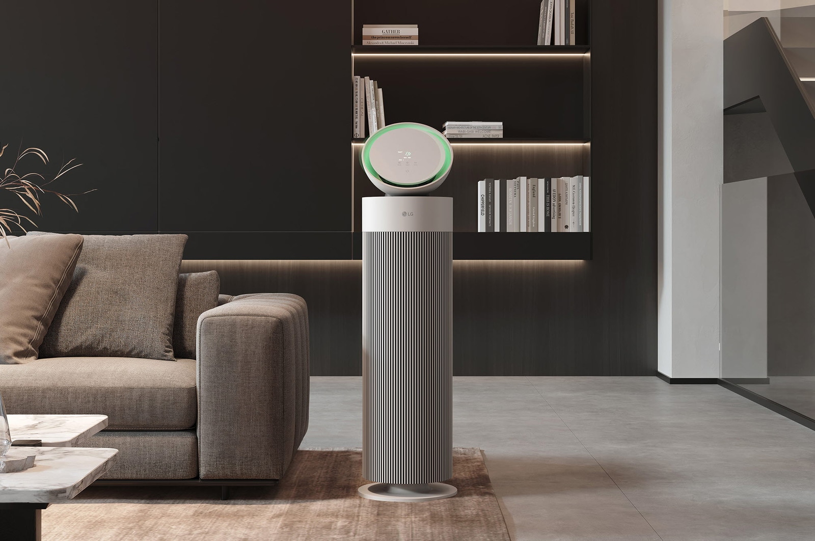 เครื่องฟอกอากาศ LG วางอยู่ในห้องนั่งเล่นสไตล์ทันสมัย มองเห็นวิวเมืองผ่านหน้าต่าง และตกแต่งด้วยเฟอร์นิเจอร์มินิมอลที่มีดีไซน์เรียบง่าย