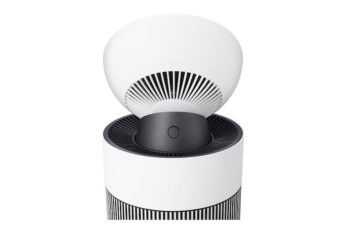 มุมมองด้านหลังของเครื่องฟอกอากาศ LG ที่แสดงโครงสร้างช่องระบายอากาศและดีไซน์ส่วนหัว