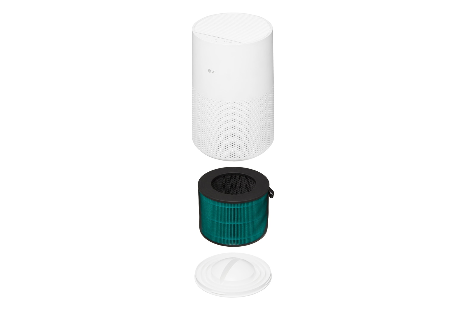 เครื่องฟอกอากาศ LG AeroMini 360˚ สีขาว แสดงภาพรวมผลิตภัณฑ์และดีไซน์ทั้งหมด