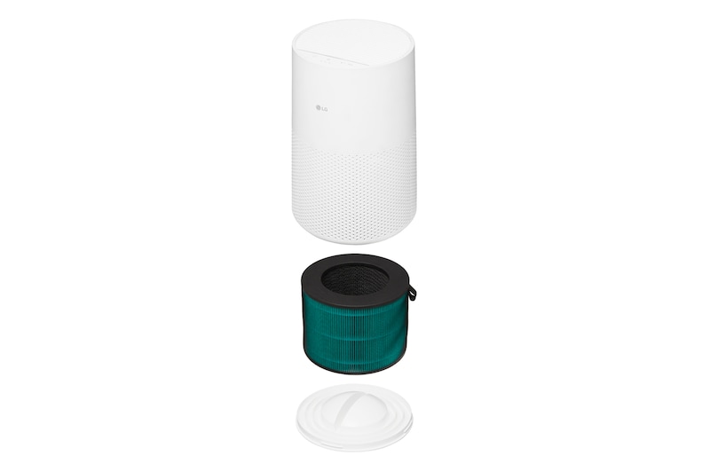 เครื่องฟอกอากาศ LG AeroMini 360˚ สีขาว แสดงภาพรวมผลิตภัณฑ์และดีไซน์ทั้งหมด
