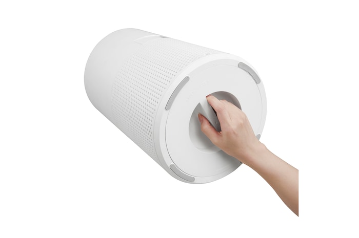 เครื่องฟอกอากาศ LG AeroMini 360˚ สีขาว แสดงภาพรวมผลิตภัณฑ์และดีไซน์ทั้งหมด